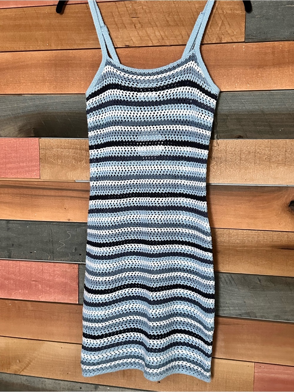 Striped Crochet Midi Slip Dress or Swim Coverup in Blue and White